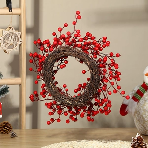 30cm Christmas red berry wreath on natural rattan base for festive holiday door decor