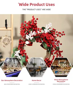Detailed Christmas wreath featuring red berries, green leaves, and classic plaid bow decoration