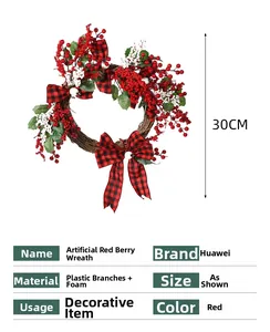 Detail of 30cm Christmas wreath with red berries, pine leaves, and plaid bows on white background