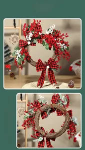 Detail of handcrafted Christmas berry wreath with red-black plaid bows on natural rattan