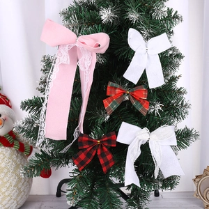 Set of 5 festive Christmas fabric bows with lace and buffalo plaid for tree decoration