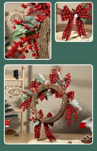 Detail of Christmas wreath with red berries, pine needles and buffalo plaid bow