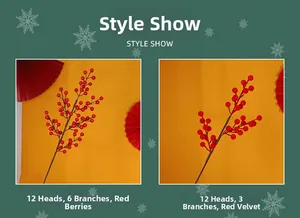 Close-up of 12-head red berries and flocked branches for Christmas DIY decor