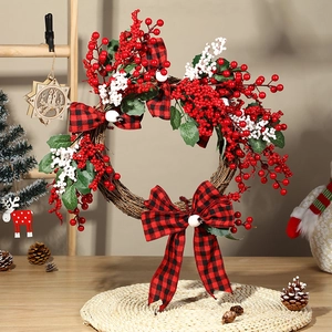 Artificial Christmas Berry Wreath With Red Black Plaid Bows Natural Vine Base For Door Window Wall Xmas Festive Decor