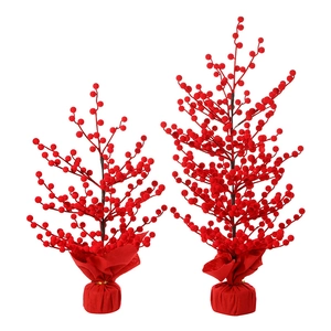 Artificial red berry tree set with festive red cloth base for New Year home decoration
