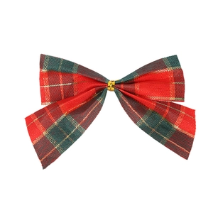 Red and green plaid Christmas bow with gold glitter threads for holiday tree decoration