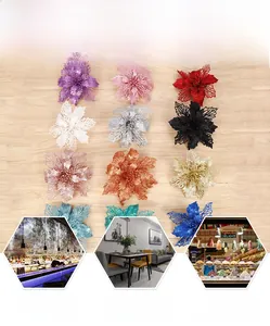 Detailed macro view of hollow glitter artificial Christmas flowers in various vibrant colors