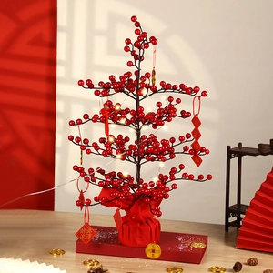 Artificial Red Berry Tree with LED lights and lucky charms for Chinese New Year decor