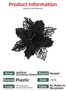 Detail view of a 15cm black hollowed Christmas poinsettia flower with glitter finish