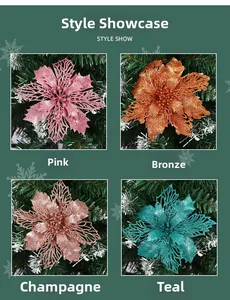 Glittery hollow Christmas flowers in pink, bronze, champagne, and lake blue colors
