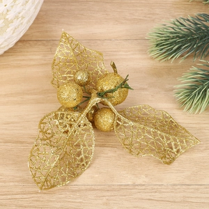Golden glitter hollow leaves and berry picks for Christmas tree and DIY home decor