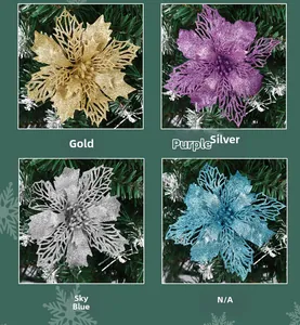 Hollow glitter Christmas flowers in gold, purple, silver and sky blue for tree decor