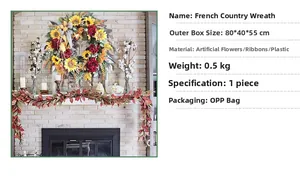 Detailed view of French country style wreath with vibrant sunflowers and peonies on a white wall