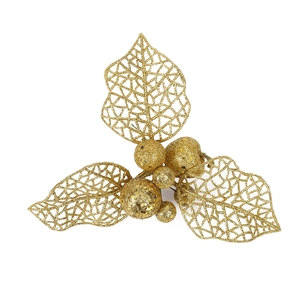 Golden glitter holly berries and hollow mesh leaves for Christmas tree DIY decor
