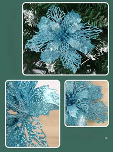 Close-up of sparkling blue glitter Christmas flower with intricate hollowed petals