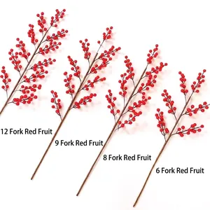 Red artificial berry stems for festive decor available in 6 to 12 fork specifications