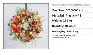 Detail of Nordic Christmas wreath featuring gold ornaments and frosted PE needles