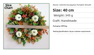 Detailed view of handmade 40cm eucalyptus pumpkin wreath with size measurement display