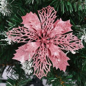 Sparkly pink artificial poinsettia flower with glitter for Christmas tree decoration