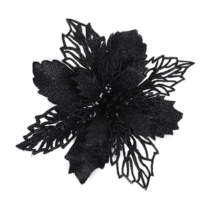Glittery black hollow poinsettia flower ornament for Christmas tree festive decoration