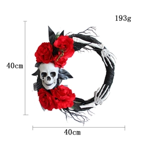 Halloween skull wreath with red roses and skeletal hands, 40cm diameter decoration