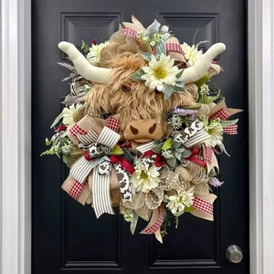 Highland Cow Head Wreath Spring Easter Door Hanging With Artificial Sunflowers Burlap Bow Farmhouse Home Decor