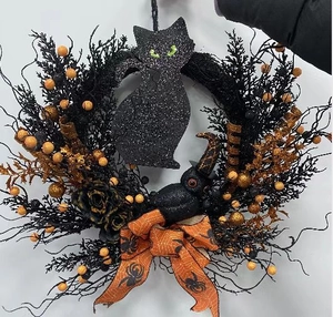 Halloween Wreath Decoration Artificial Black Rose Pumpkin Berry Garland With Spooky Owl Cat Silhouette For Home Wall Door Hanging Decor