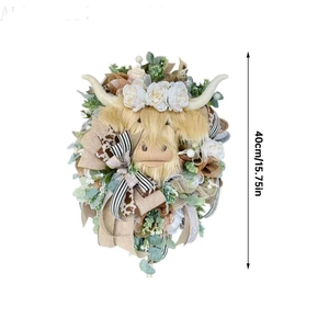 Highland cow floral wreath with white roses and plaid ribbons for rustic spring door decor