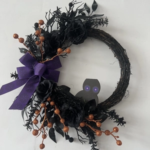 Halloween wreath with black roses, purple bow and owl decoration for door hanging