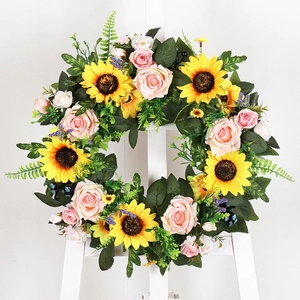 Artificial Sunflower Rose Floral Wreath For Front Door Spring Summer Decoration Silk Flower Handmade Hanging Ornament