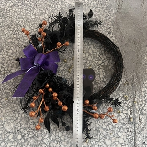 Halloween wreath with black roses and owl showing 45cm diameter size measurement