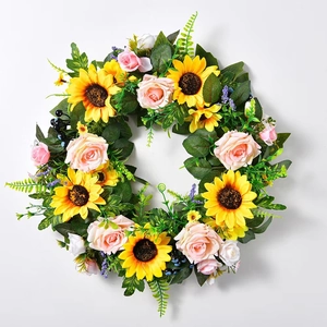 Artificial sunflower and rose wreath with lush green leaves for front door decor