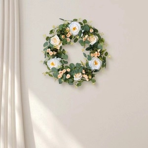 Ghirlanda Artificiale di Rose Camelie ed Eucalyptus per Decorazione Porta e Parete Stile Country Americano Ghirlanda di Fiori di Seta Fatta a Mano Casa Matrimonio Festa