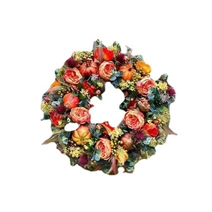 Autumn wreath with orange roses and pumpkins for harvest festival home decoration