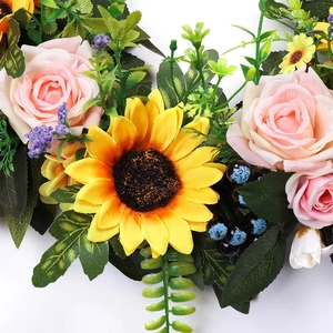Artificial sunflower and pink rose wreath decoration for spring and summer door hanging