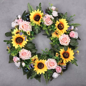 Artificial sunflower and rose floral wreath for front door home wall decoration