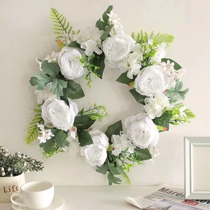 White Rose Peony Artificial Wreath Floral Garland With Green Leaves For Front Door Wall Wedding Party Home Decor Handmade
