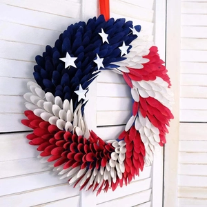 Patriotic July 4th red white and blue wooden petal wreath with stars for door decor