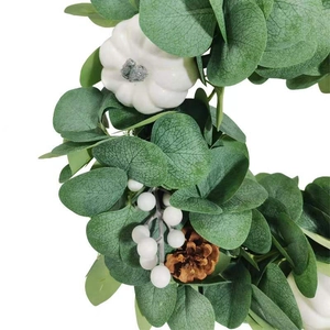 Nordic artificial wreath with eucalyptus leaves, white pumpkins and pine cones for decor