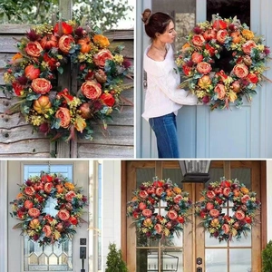 Autumn wreath with orange peonies and pumpkins on various doors for harvest decor