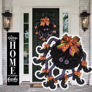 Halloween Spider Wreath Door Hanging Decor With Witch Boots And Decorative Bows For Home Haunted House Party Supplies