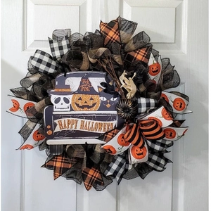 Halloween Wreath For Front Door Decoration Happy Halloween Pumpkin Skull Black Cat Handmade Festive Wall Hanging Home Decor