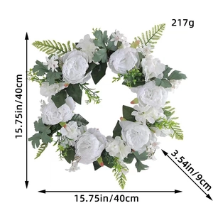 White artificial rose wreath 40cm diameter with green leaves for wedding door decoration