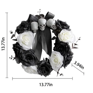 Halloween wreath with black and white roses, skulls, and ribbon, measuring 13.77 inches