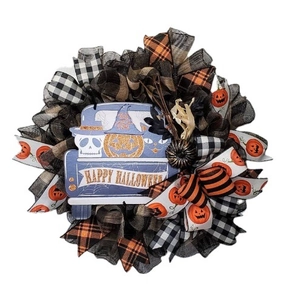 Halloween wreath featuring blue truck, pumpkin and skulls with Happy Halloween text