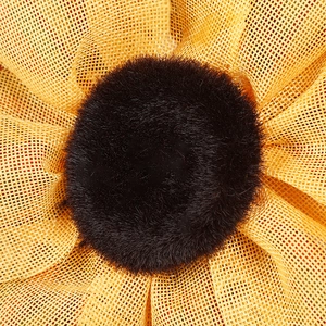 Artificial sunflower wreath decoration with fuzzy brown center and yellow mesh petals