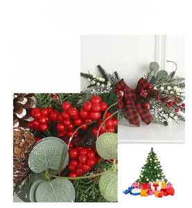 Detail of Christmas garland with red berries, pine needles, cones and plaid bow