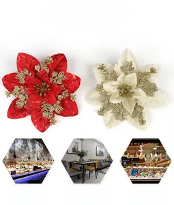 Dual-layer Christmas flowers in red and cream with glitter for tree and wreath decor