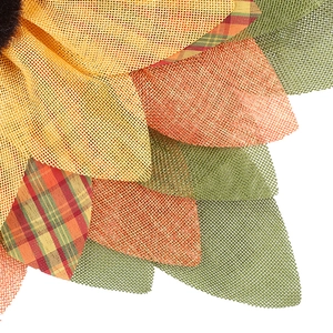 Artisan sunflower burlap wreath with vibrant yellow petals and plaid patterns for home decor