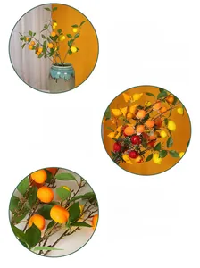 Detailed close-up of handmade artificial fruit branches featuring realistic lemons and oranges